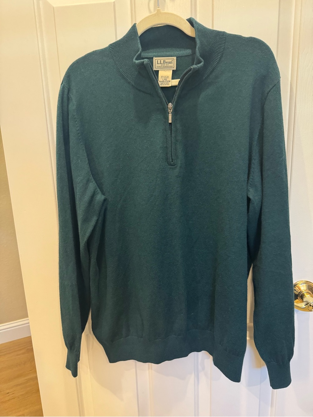 L.L. Bean Men’s Forest Green Cotton Cashmere Quarter Zip Sweater - Large